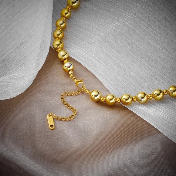 Gold Round Circle Link Chain Bead Balls Metallic Pearl Necklace - Picture 7 of 13